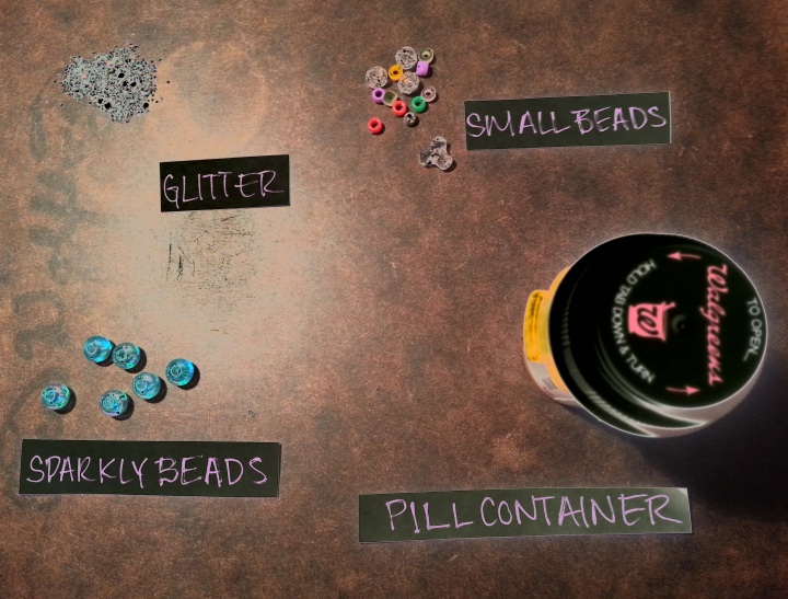 Happy Pill Container Time Capsule Materials, pill container, time capsule, DIY, upcycle, glitter, beads, sparkle, 
